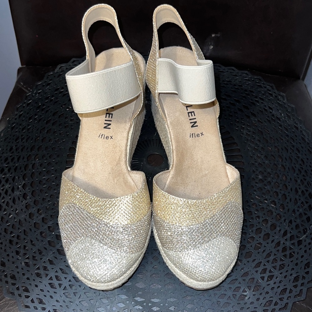 Anne Klein Shimmery Gold-Tone Espadrille Wedge Sandals